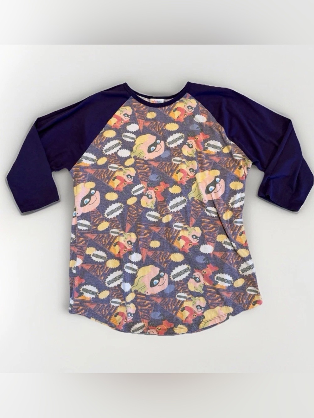 LuLaRoe Disney Randy Womens Shirt XL Incredibles Dash Purple Retro 3/4 Sleeves
